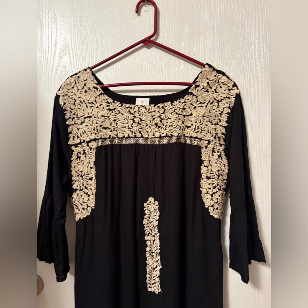 J. Marie Black Embroidered Linen Blend Tunic Dress with Cream Floral Yoke Large - Picture 2 of 11